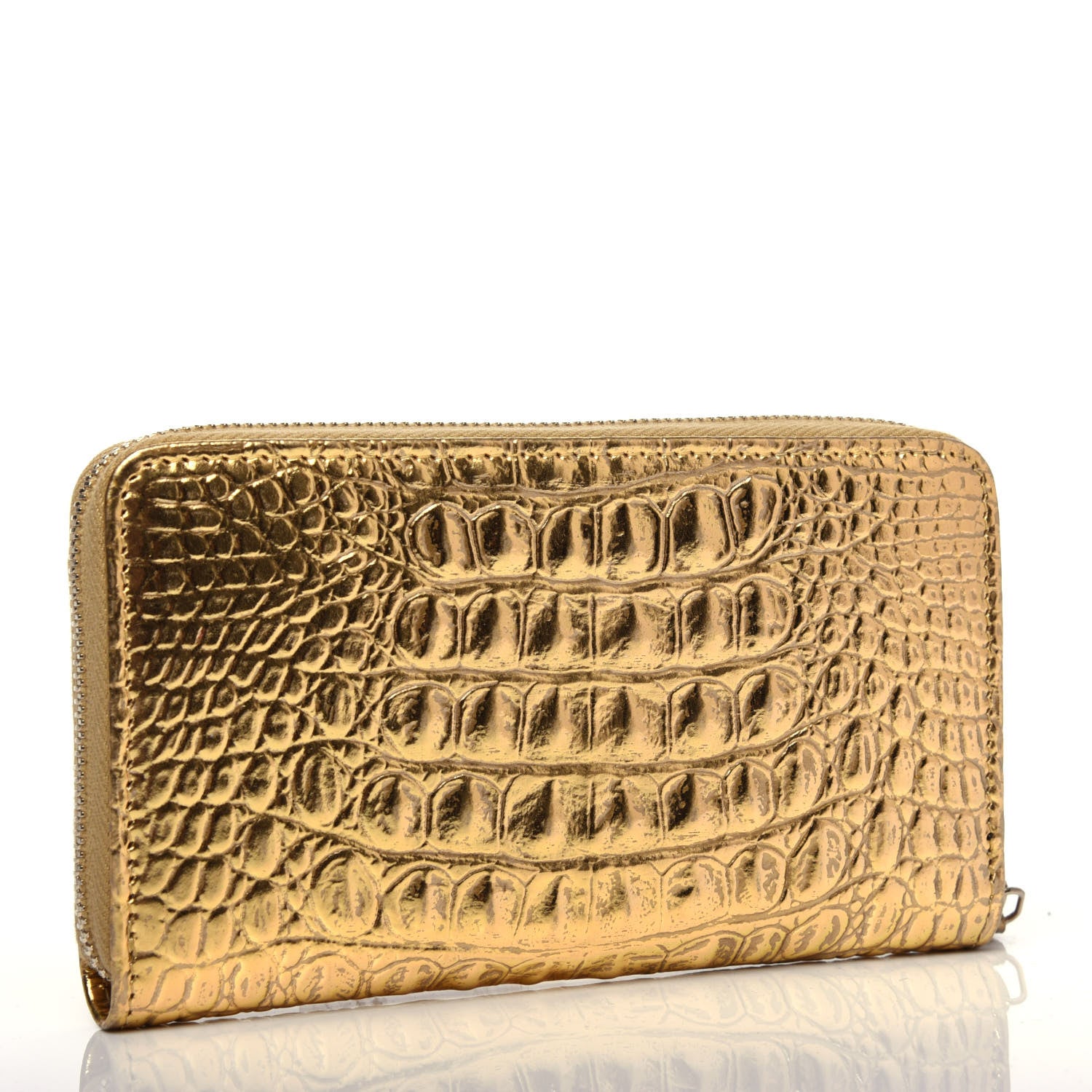 Chanel Metallic Calfskin Crocodile Embossed Small Zip Wallet Gold 3 of 9