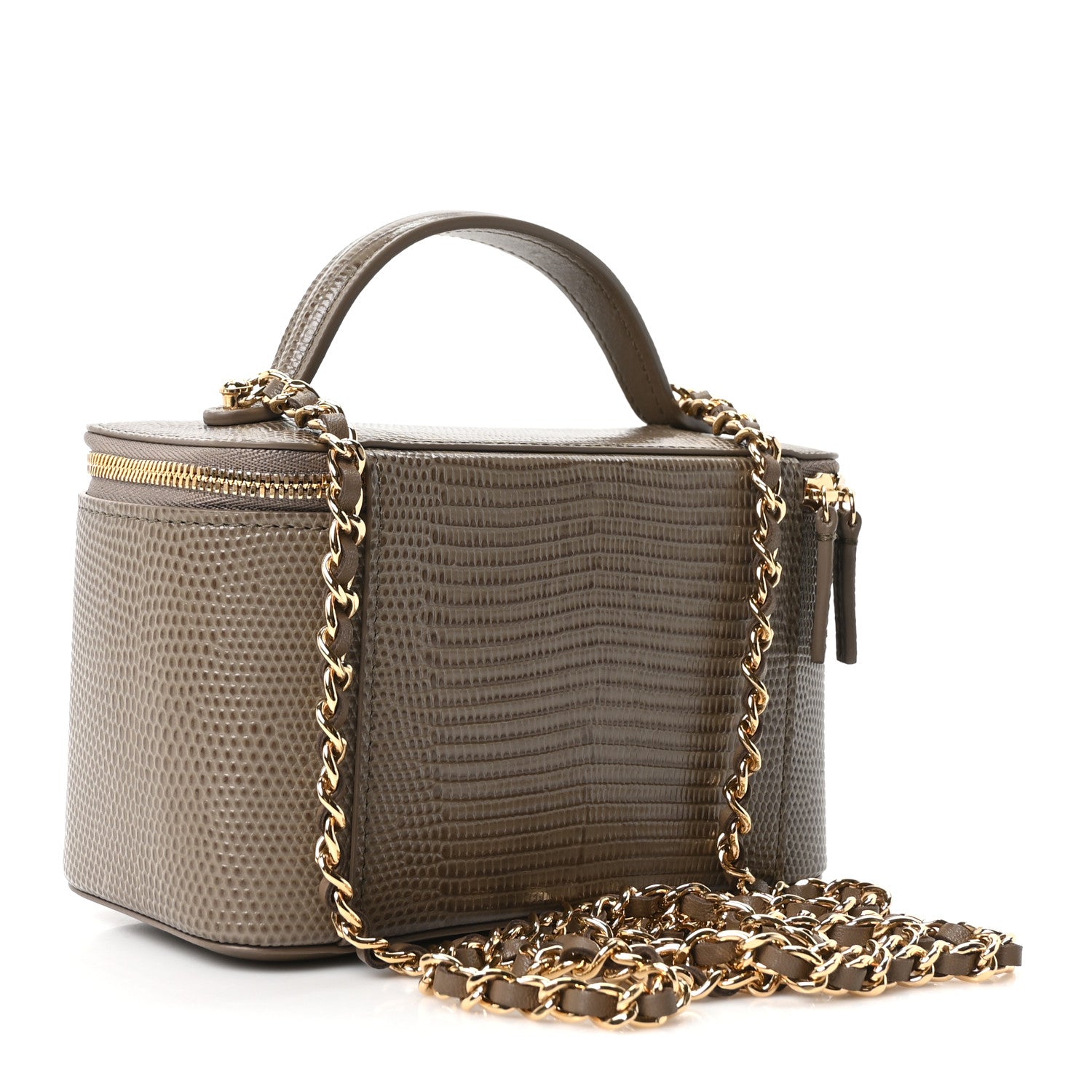 Chanel Calfskin Lizard Embossed Top Handle Vanity With Chain Dark Khaki 3 of 11
