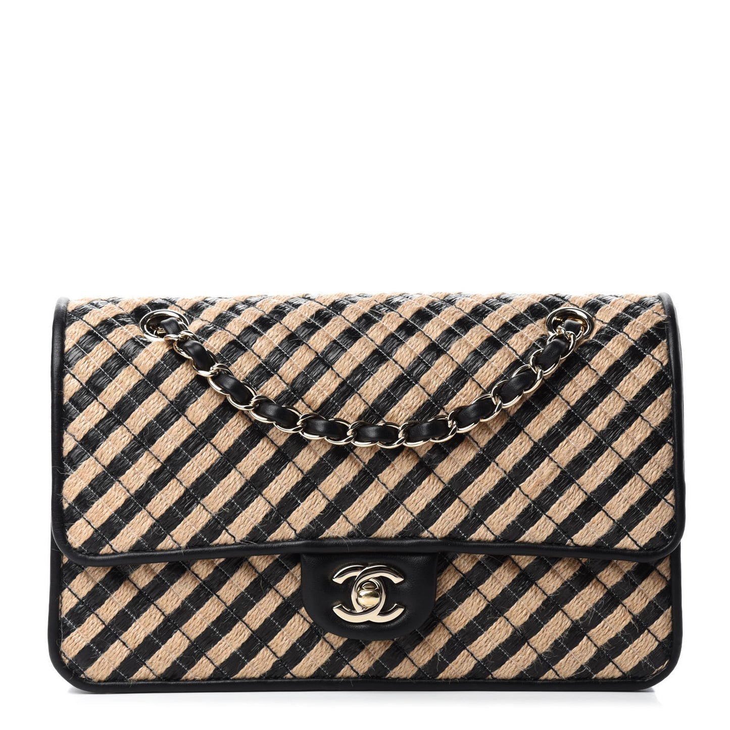 Raffia Jute Striped Medium Single Flap Black Beige