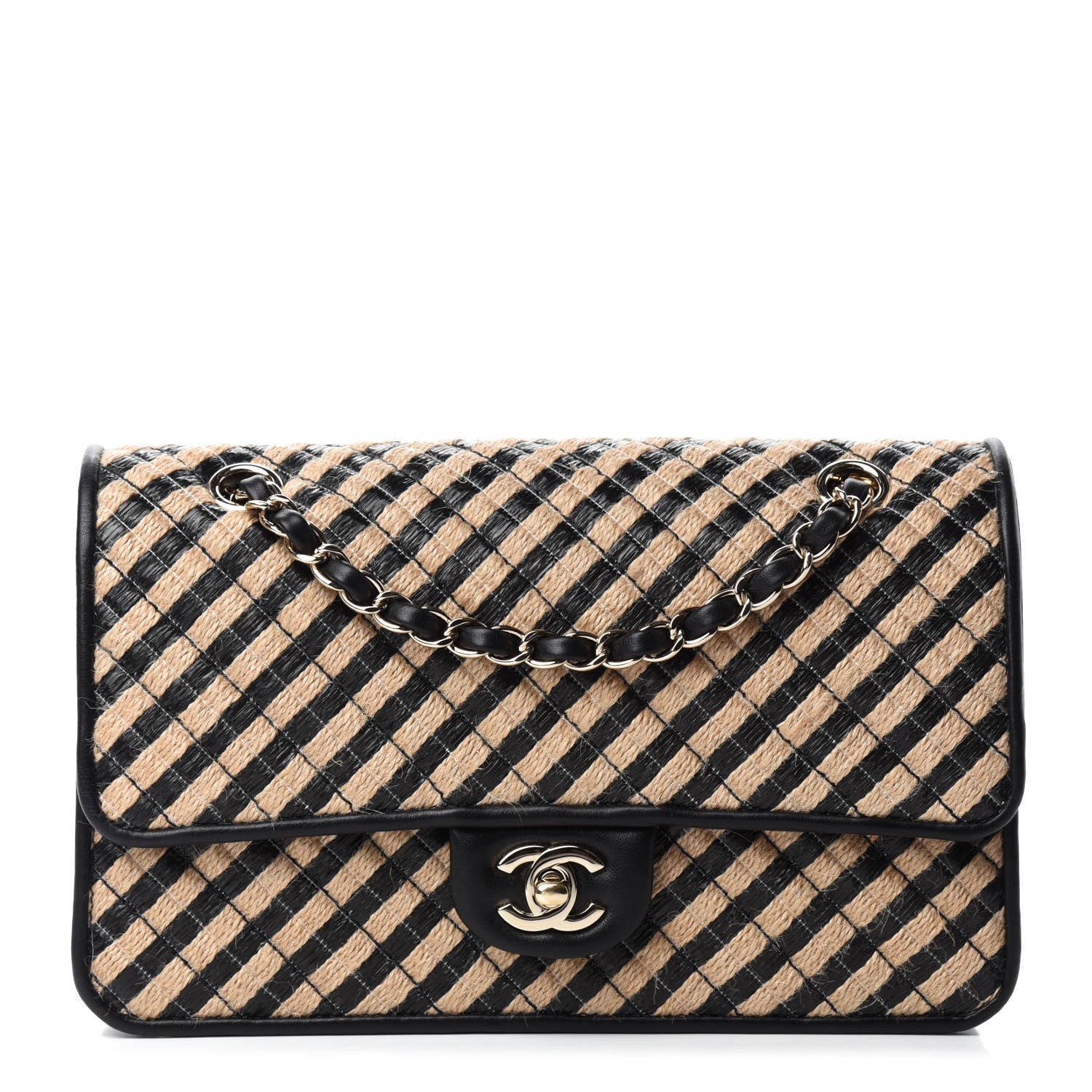 Chanel Raffia Jute Striped Medium Single Flap Black Beige 1 of 10