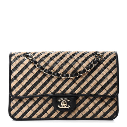 Chanel Raffia Jute Striped Medium Single Flap Black Beige 1 of 10