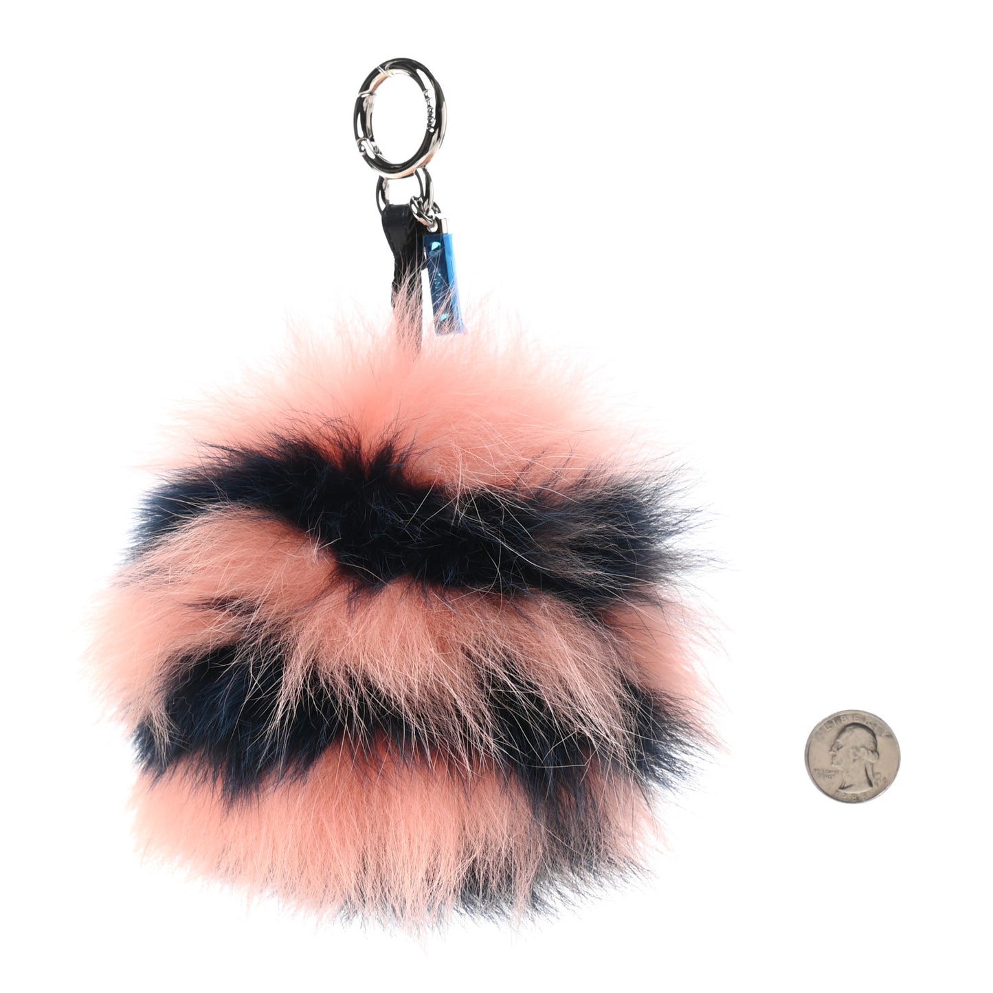 Fox Fur Shiny Nappa Striped Bi-Color Pom Pom Bag Charm Blue Pesca