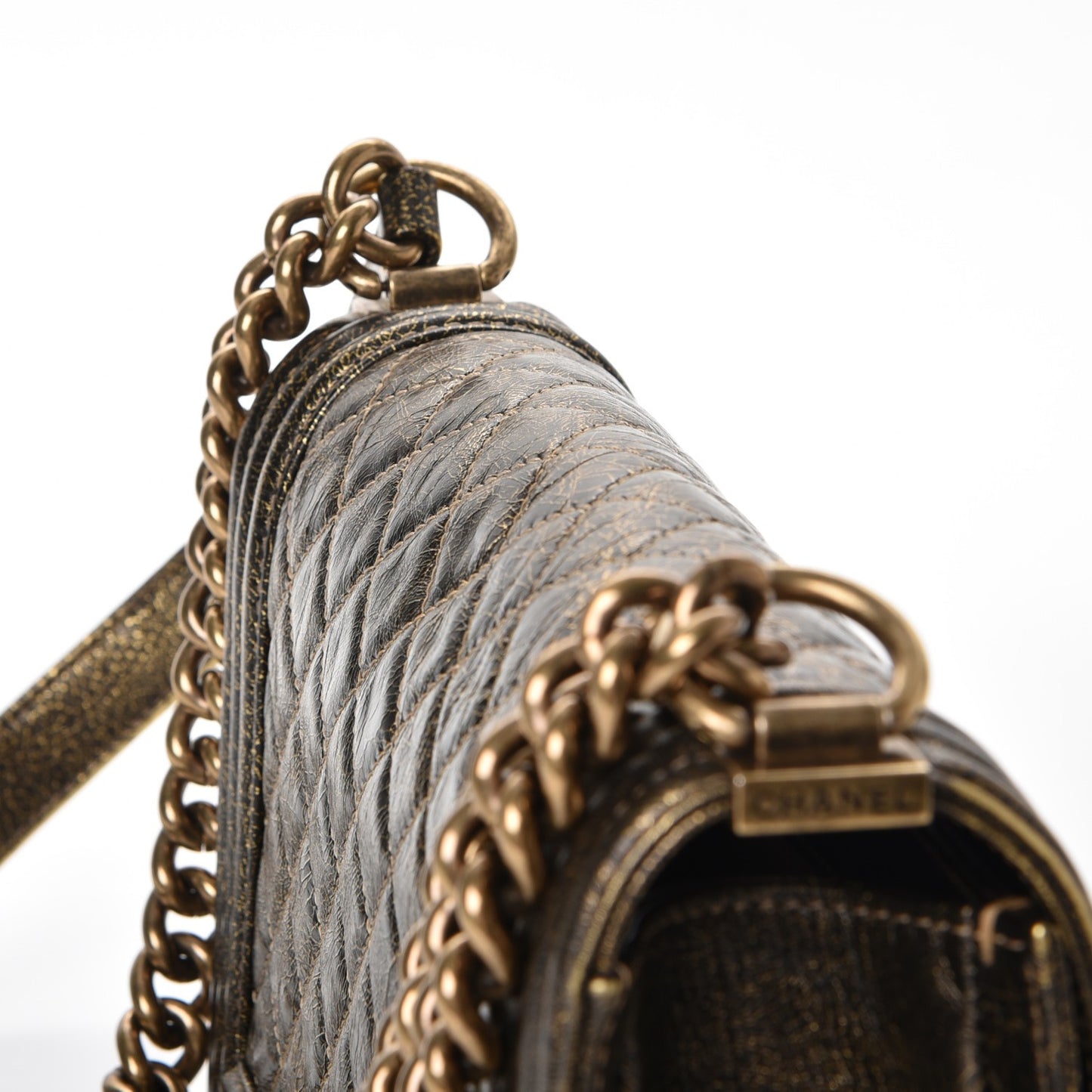 Metallic Calfskin Quilted Medium Boy Flap Gold