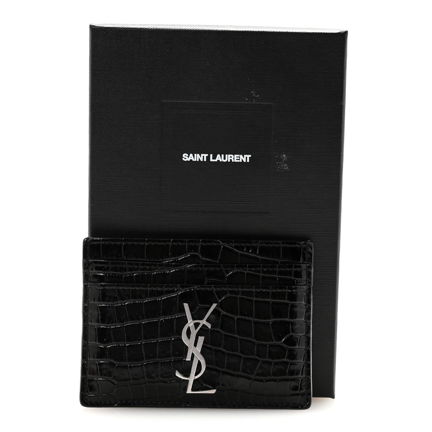 Saint Laurent Calfskin Crocodile Embossed Monogram Credit Card Case Black 8 of 8