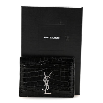 Saint Laurent Calfskin Crocodile Embossed Monogram Credit Card Case Black 8 of 8