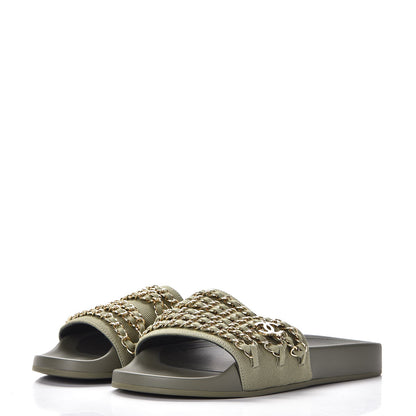 Chanel Canvas Chain Flat Sandals 37 Khaki 3 of 9