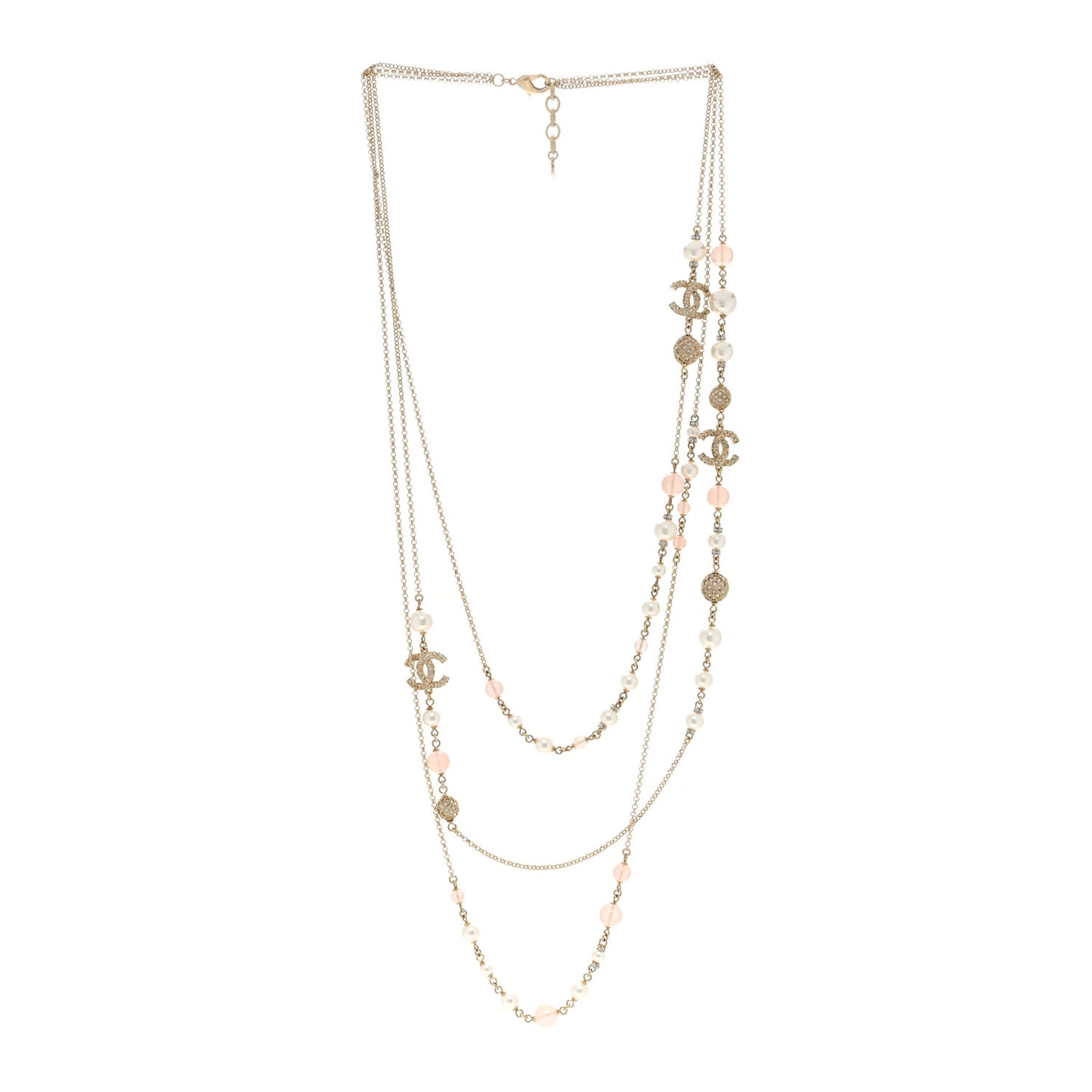 Pearl Crystal Resin CC Beaded Long Necklace Gold Pearly White Pink