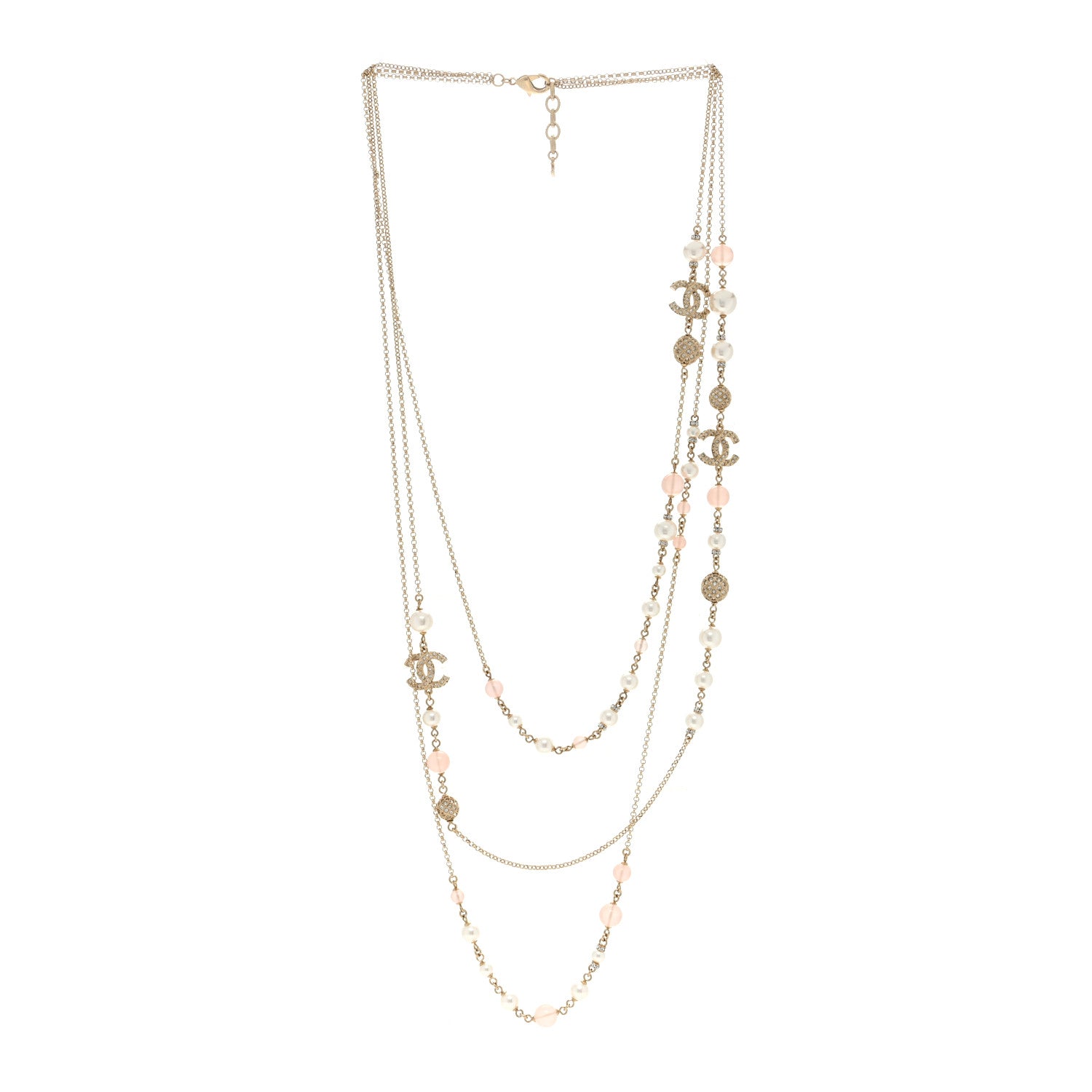 Chanel Pearl Crystal Resin CC Beaded Long Necklace Gold Pearly White Pink 3 of 4