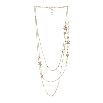Chanel Pearl Crystal Resin CC Beaded Long Necklace Gold Pearly White Pink 3 of 4
