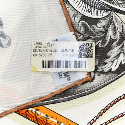 Hermes Silk Cavalcades Scarf 90 White Bleu Jean Vert 3 of 6