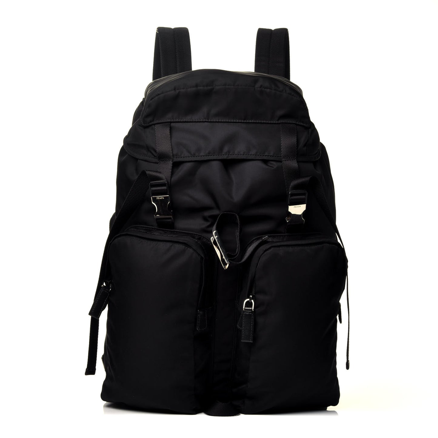 Technical Nylon Saffiano Double Buckle Backpack Black
