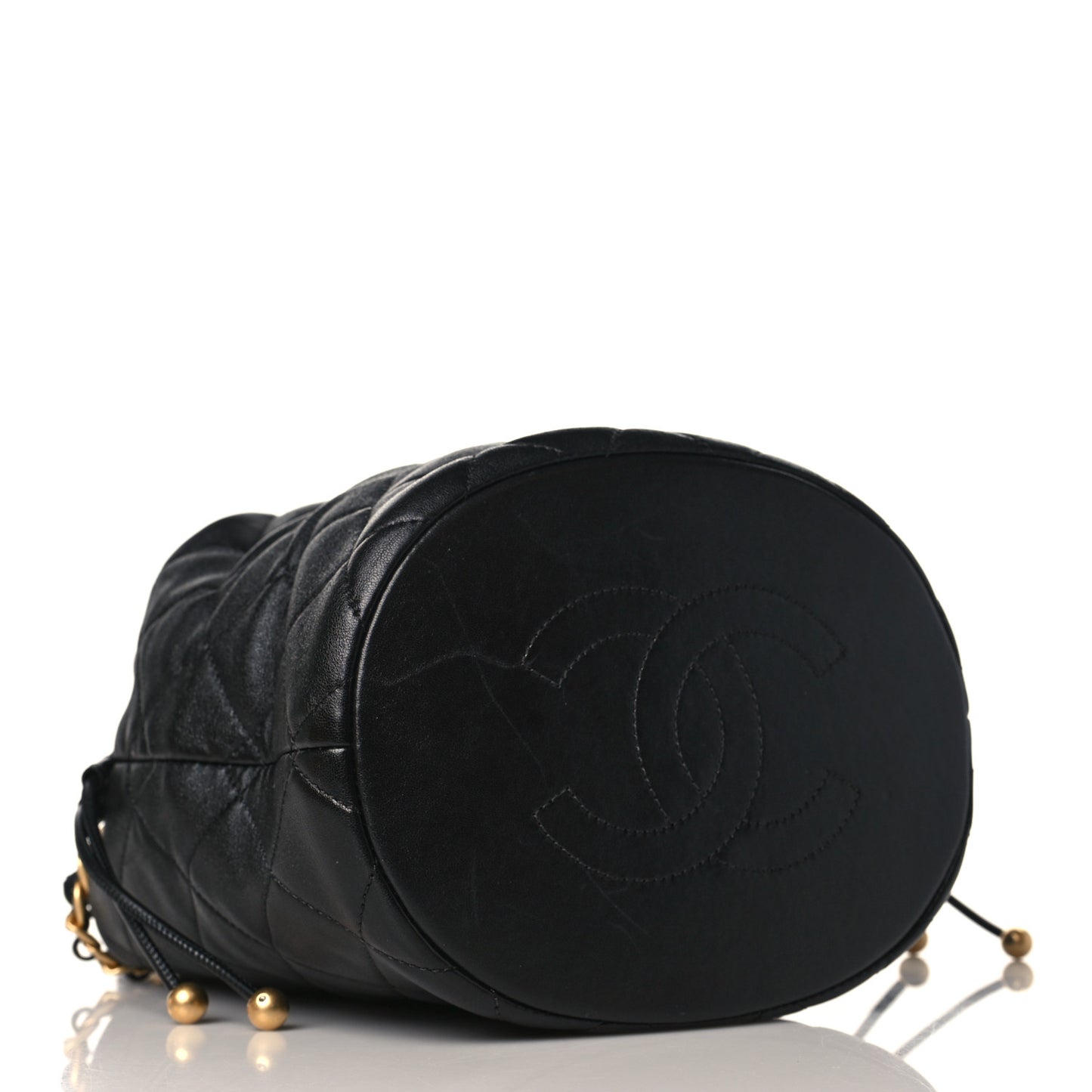 Shiny Lambskin Quilted Chain Is More Drawstring Bag Black