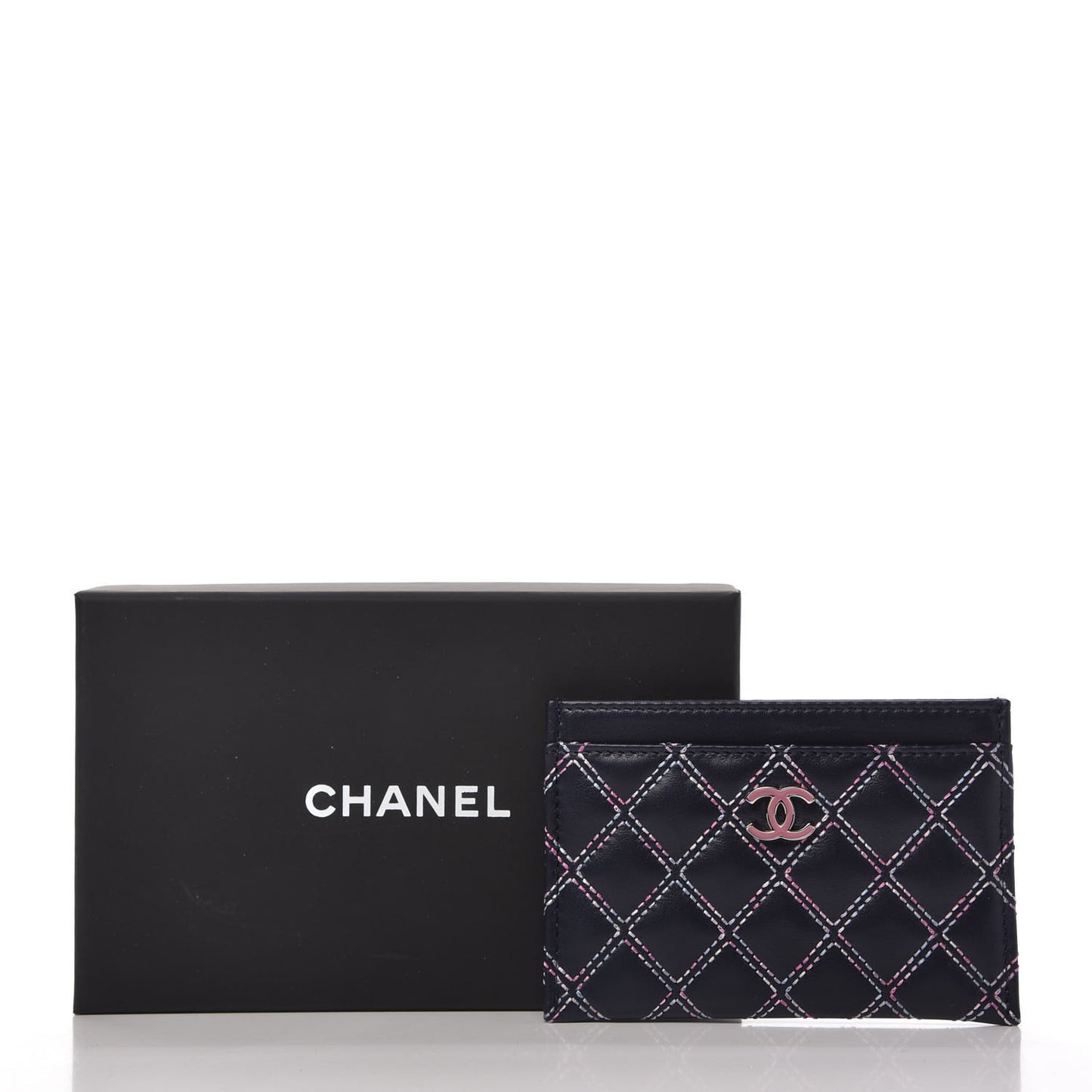 Lambskin Double Stitch Quilted Card Holder Navy Pink