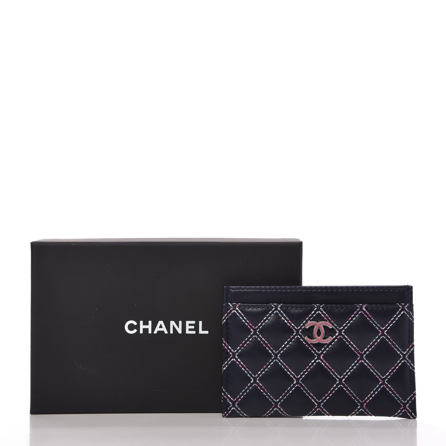 Chanel Lambskin Double Stitch Quilted Card Holder Navy Pink 10 of 10