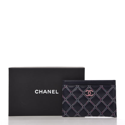 Chanel Lambskin Double Stitch Quilted Card Holder Navy Pink 10 of 10