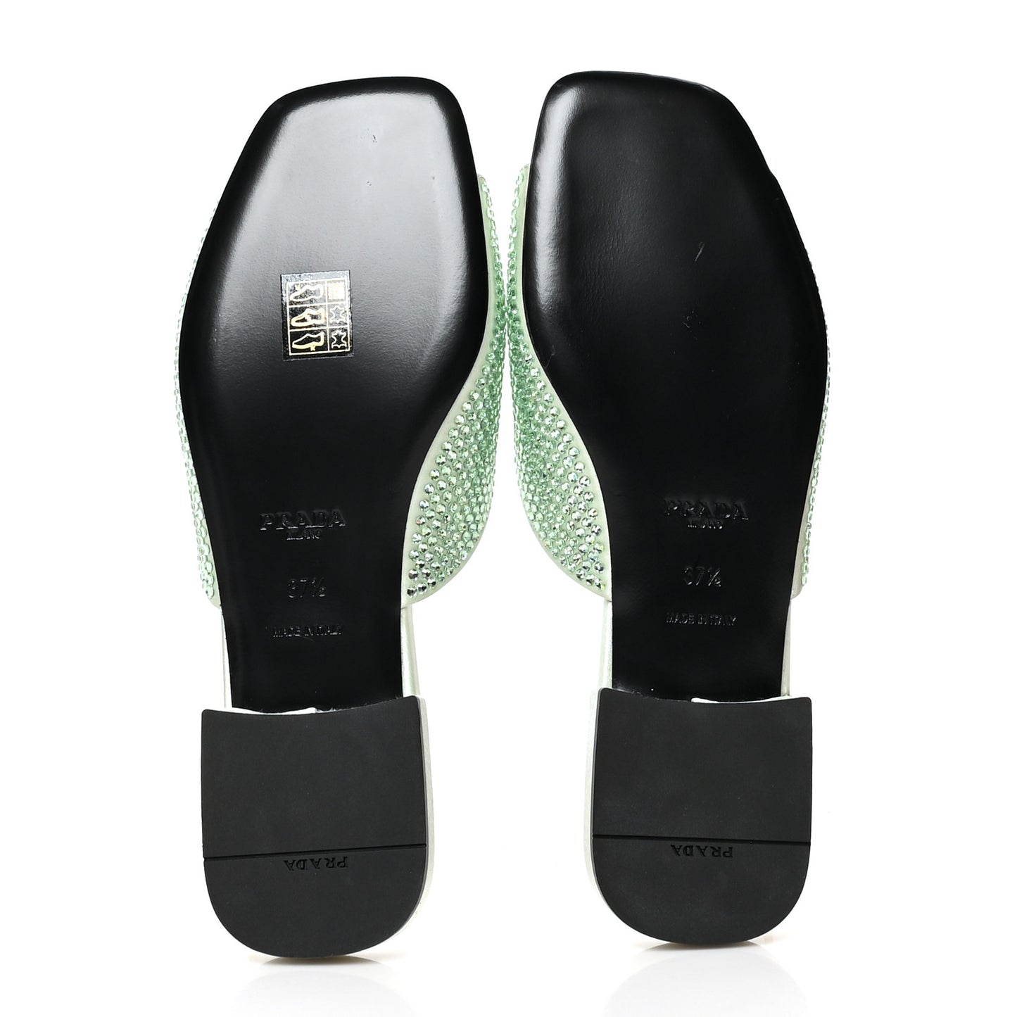 Satin Crystal Logo 10mm Slide Sandals 37.5 Acqua