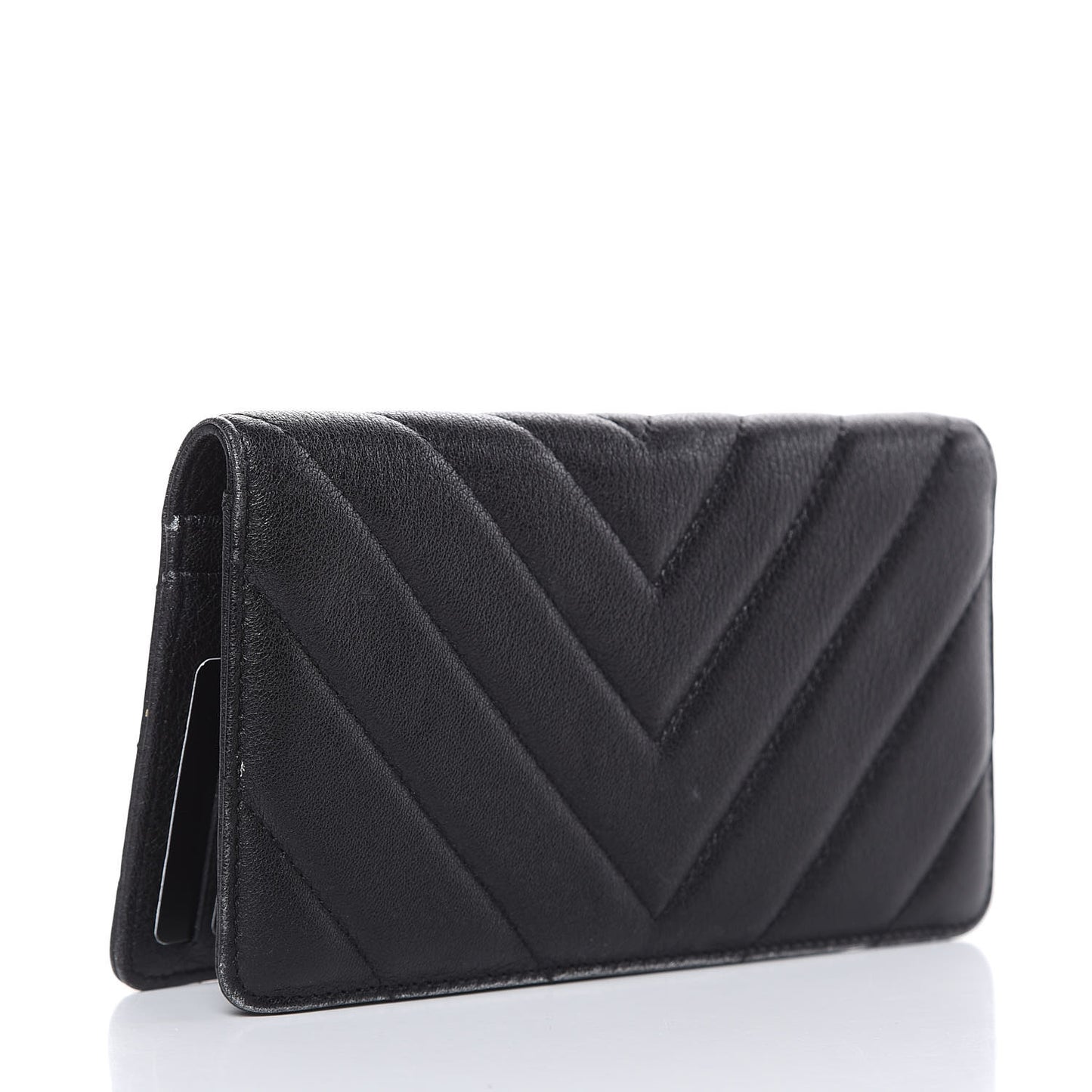 Shiny Goatskin Chevron Quilted Yen Wallet Black