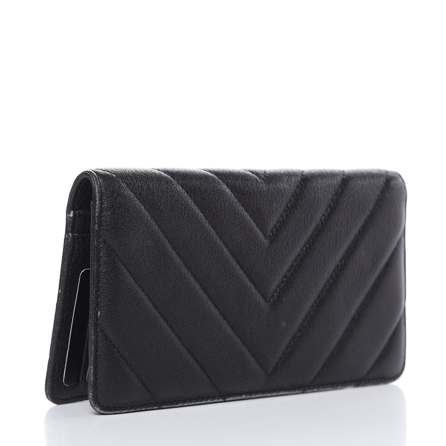 Chanel Shiny Goatskin Chevron Quilted Yen Wallet Black 3 of 15