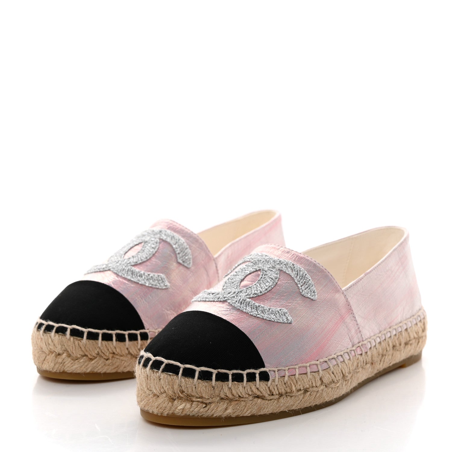 Chanel Laminated Lambskin Grosgrain Embroidered CC Espadrilles 37 Pink Silver Black 3 of 10