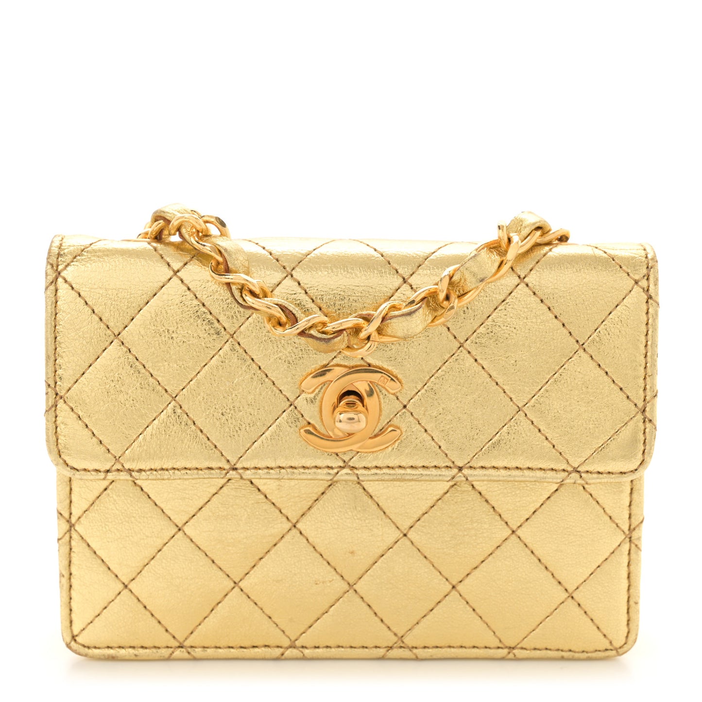 Metallic Lambskin Quilted Mini Flap Gold