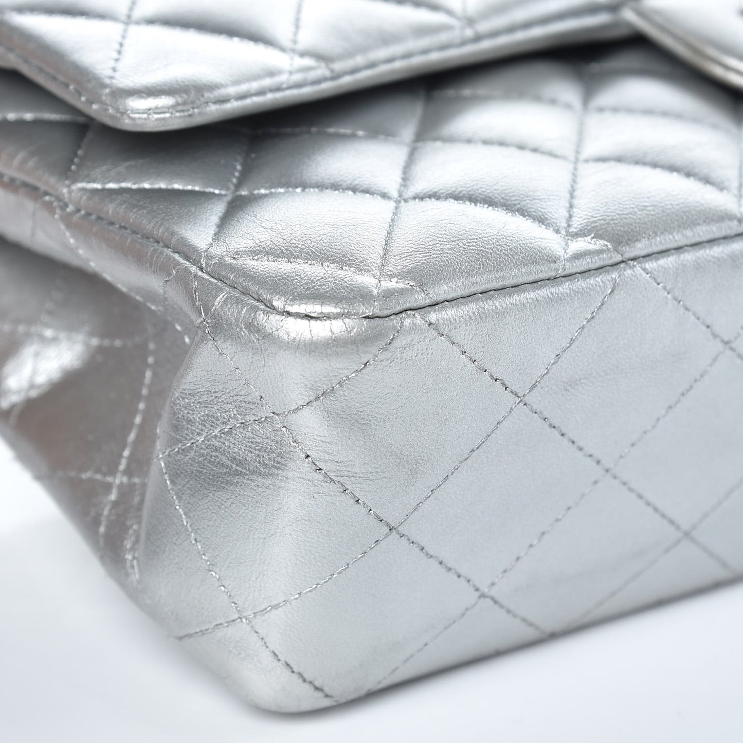 Metallic Lambskin Quilted Medium Double Flap Silver