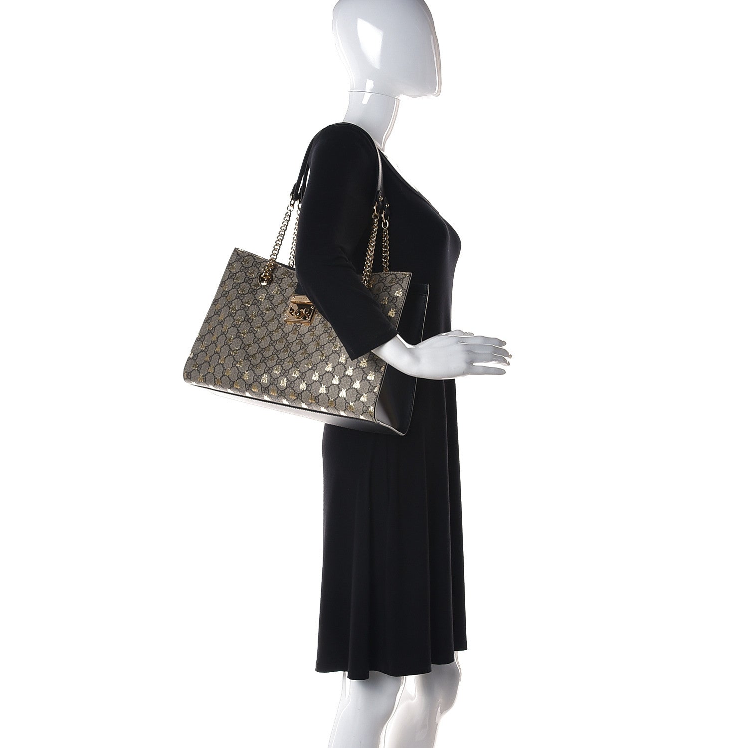 Gucci GG Supreme Monogram Bees Medium Padlock Tote Beige Oro Black 2 of 10