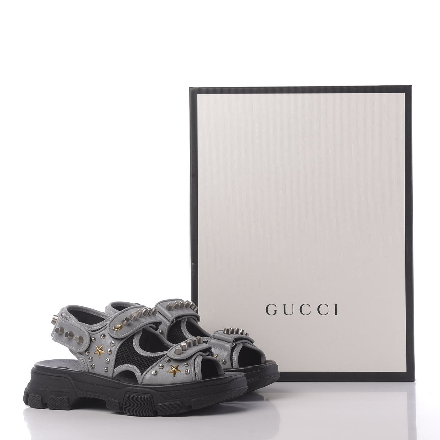 Technical Canvas Calfskin Reflective Studded Mens Aguru Sandals 6 Silver Black