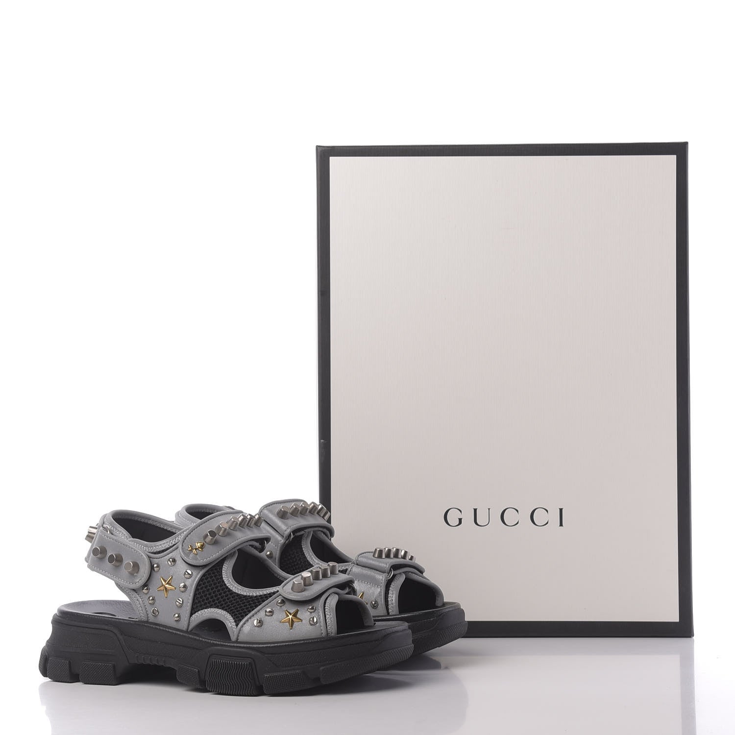 Gucci Technical Canvas Calfskin Reflective Studded Mens Aguru Sandals 6 Silver Black 9 of 9