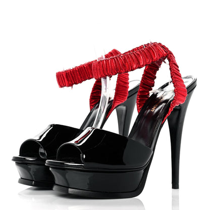Saint Laurent Patent Tribute Elastic Ankle Strap Platform Sandals 38 Black Red 3 of 9
