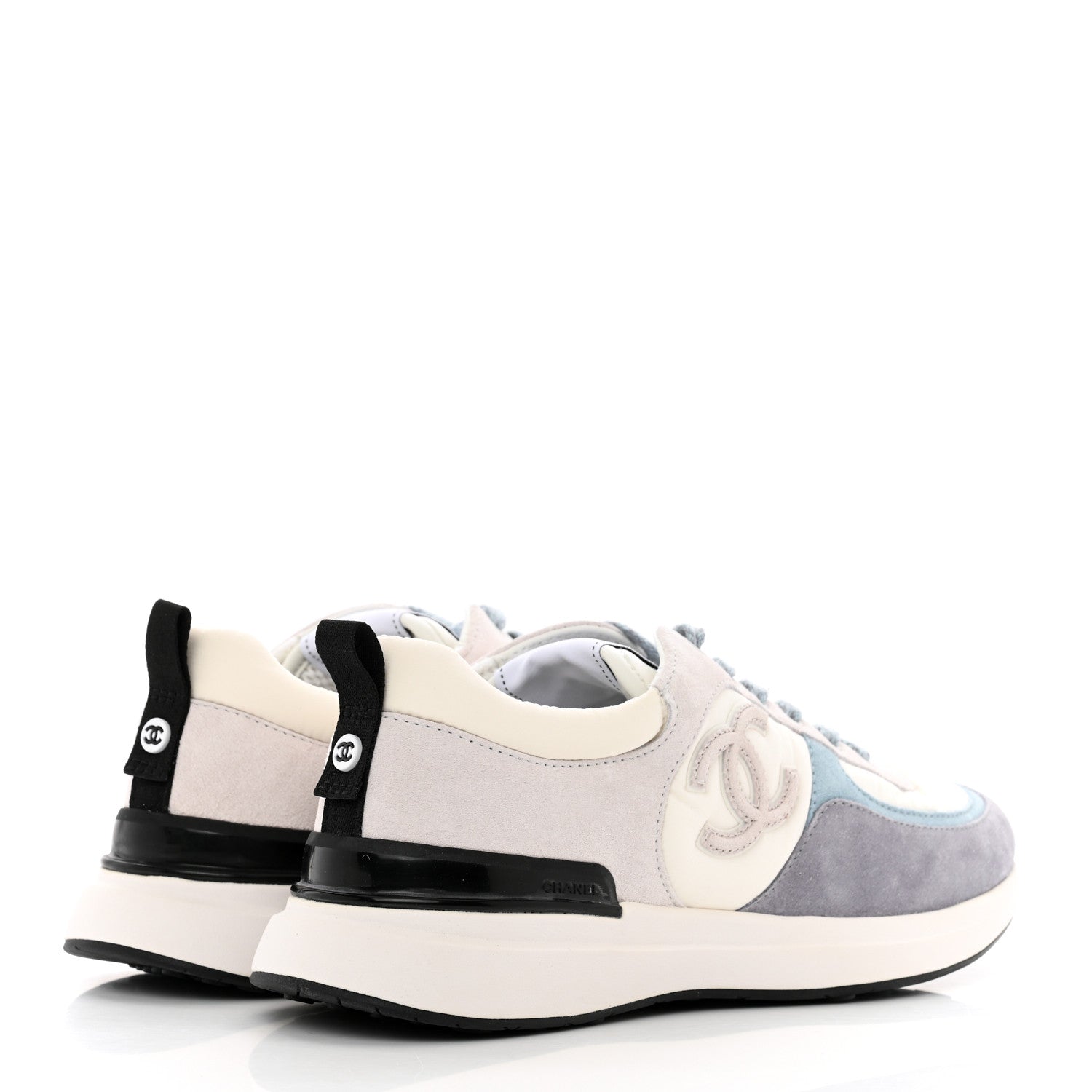 Chanel Nylon Calfskin Suede Womens CC Sneakers 39 White Grey Blue 4 of 9