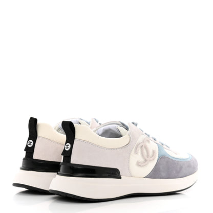 Chanel Nylon Calfskin Suede Womens CC Sneakers 39 White Grey Blue 4 of 9