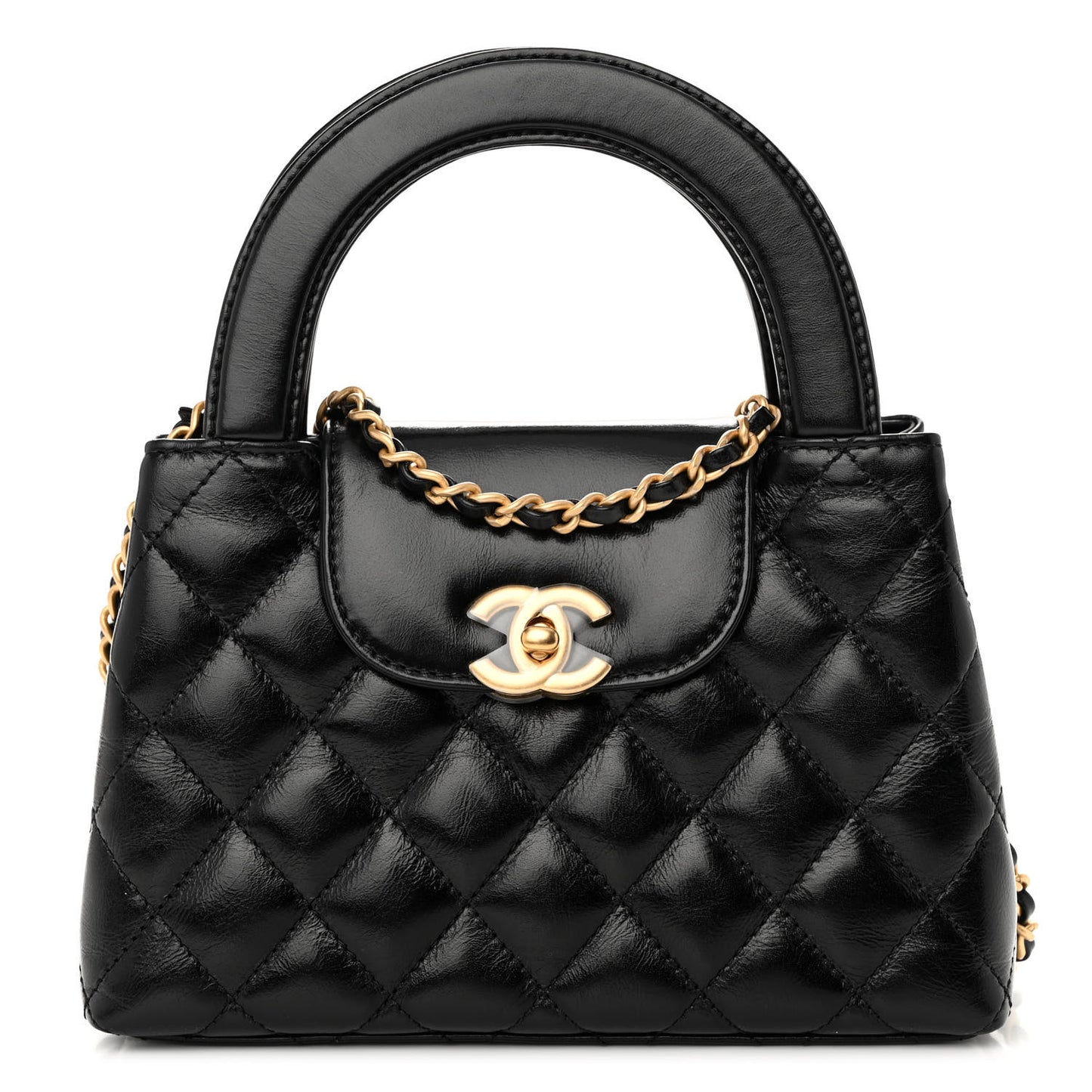 Shiny Aged Calfskin Quilted Nano Kelly Shopper Black
