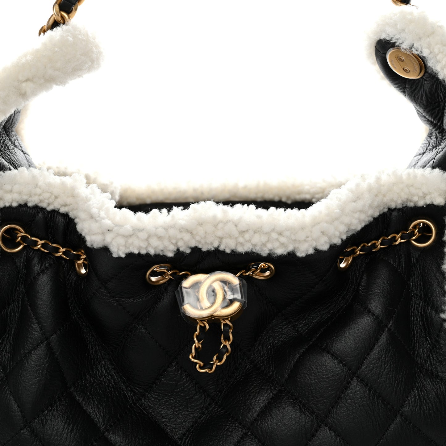 Crumpled Sheepskin Shearling Quilted Small Chanel 25 Handbag Black White