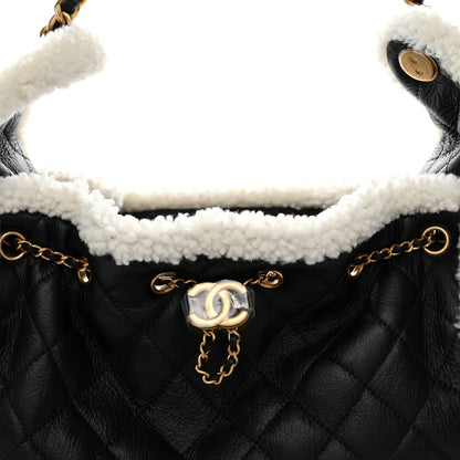 Chanel Crumpled Sheepskin Shearling Quilted Small Chanel 25 Handbag Black White 8 of 11
