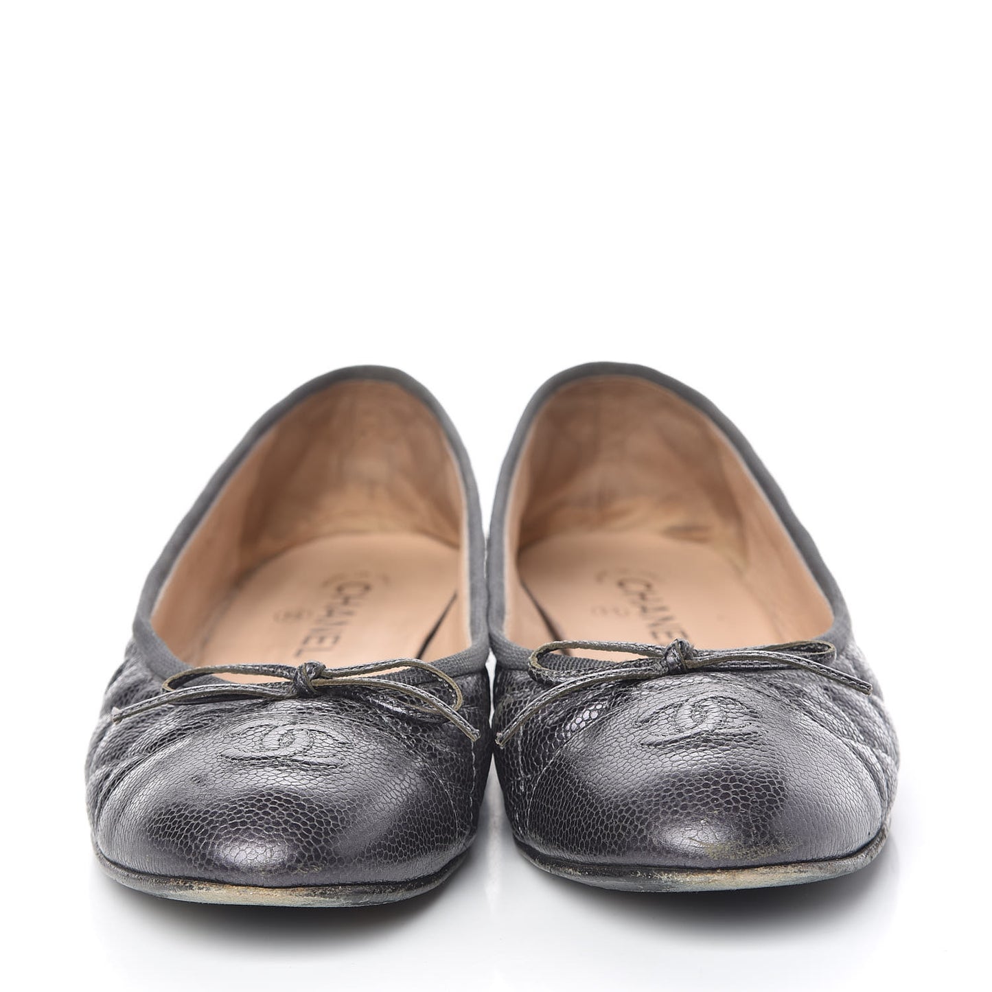 Metallic Caviar Quilted Cap Toe Ballerina Flats 41 Anthracite
