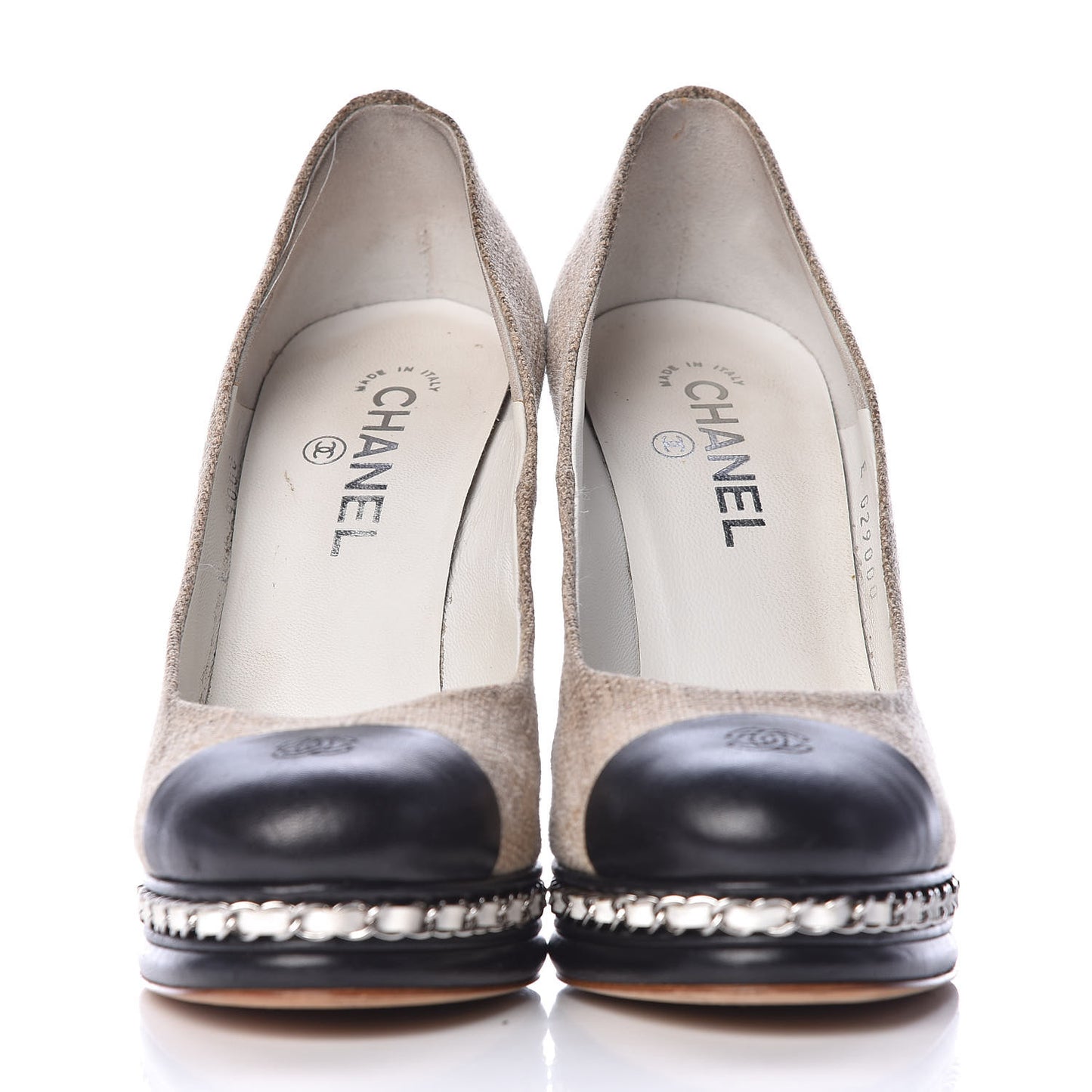 Linen Lambskin CC Chain Cap Toe Platform Pumps 40 Beige Fonce Black