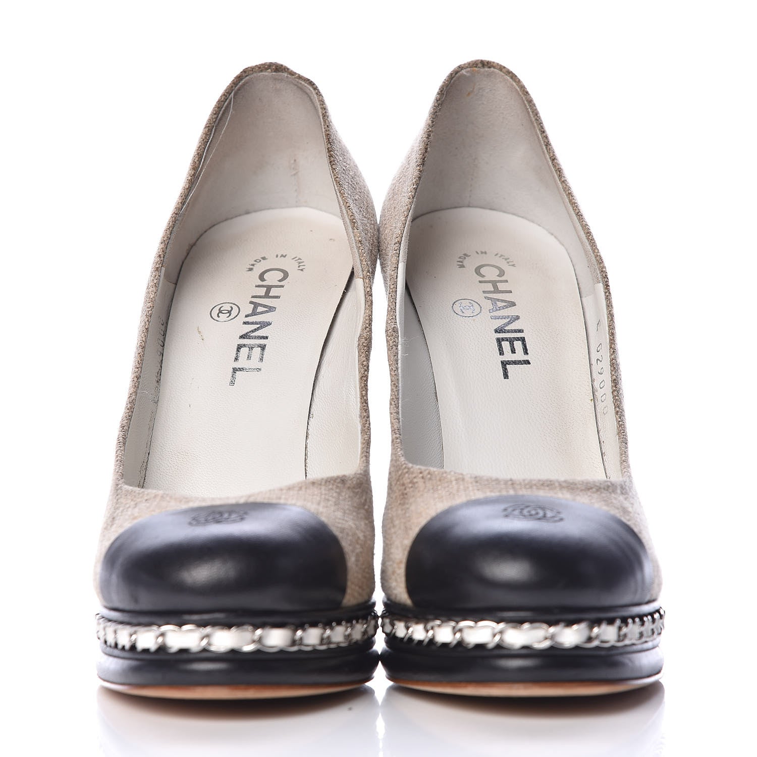 Chanel Linen Lambskin CC Chain Cap Toe Platform Pumps 40 Beige Fonce Black 2 of 11
