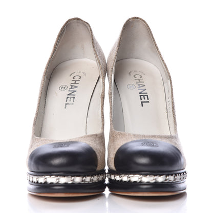 Chanel Linen Lambskin CC Chain Cap Toe Platform Pumps 40 Beige Fonce Black 2 of 11