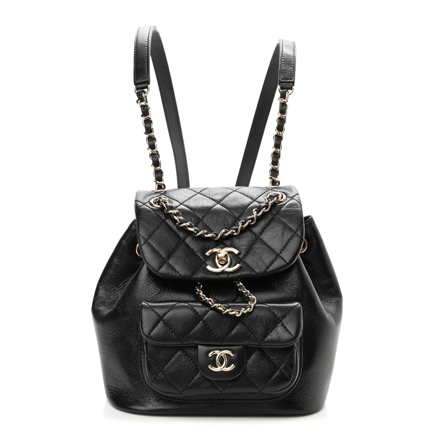 Glazed Aged Calfskin Quilted Small Duma Drawstring Backpack Black