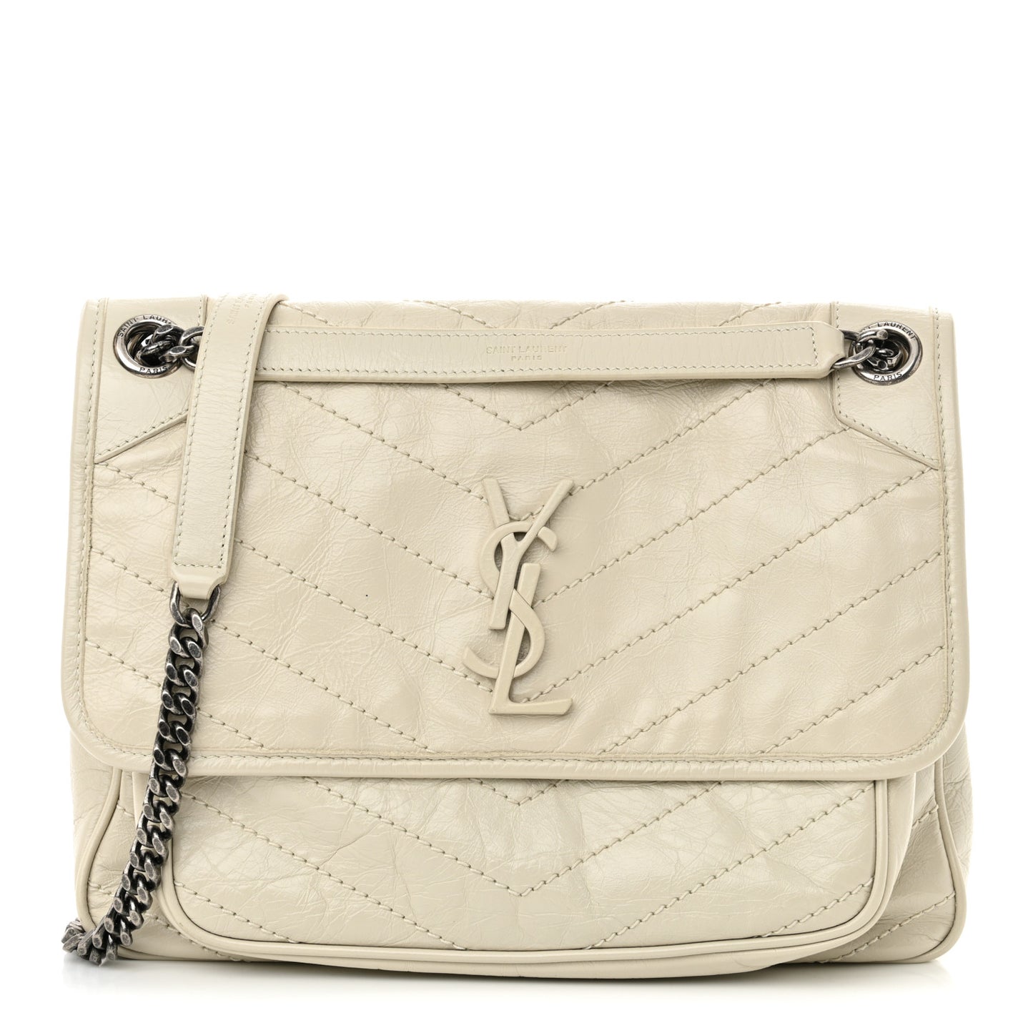Crinkled Calfskin Matelasse Monogram Medium Niki Chain Satchel Crema Soft