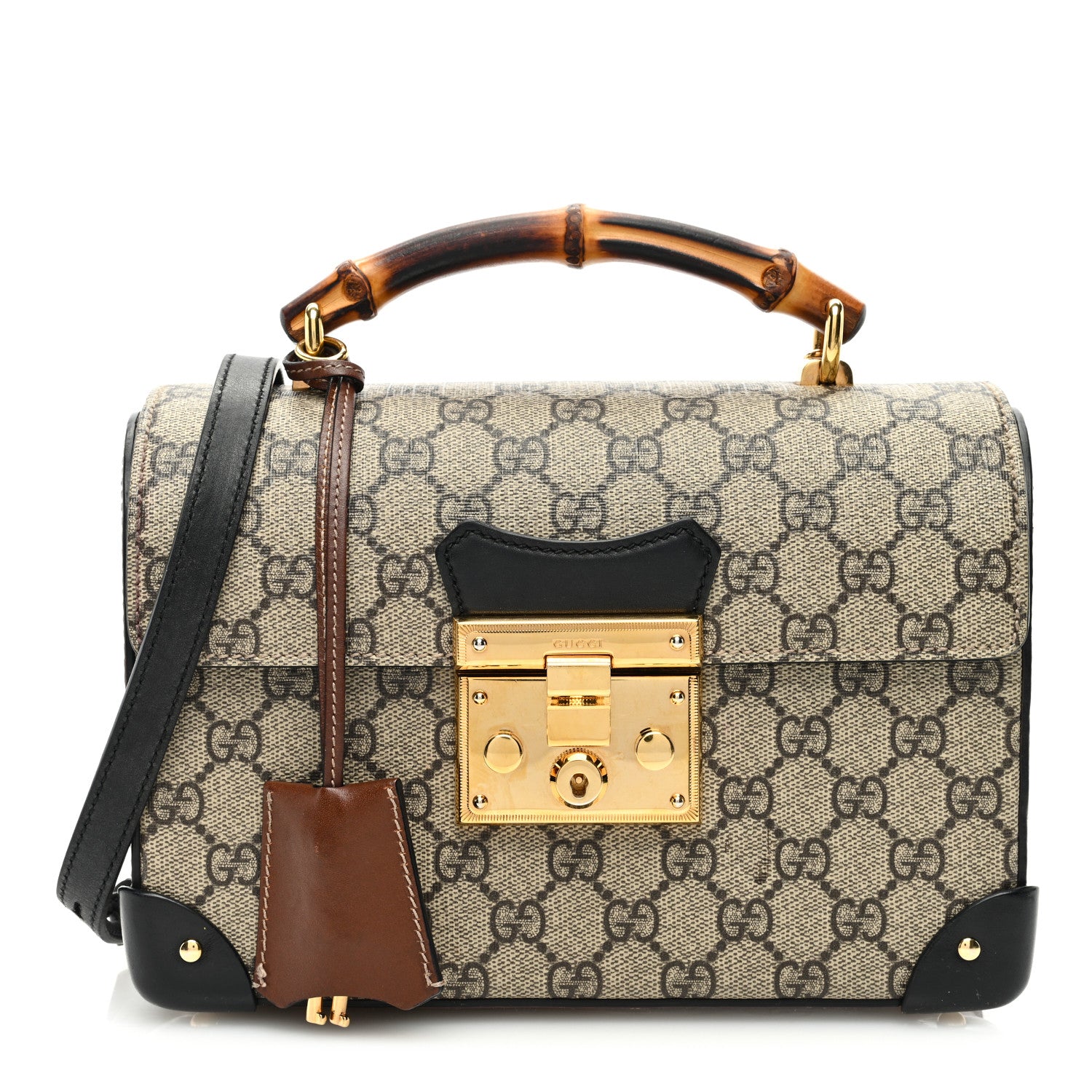 Gucci GG Supreme Monogram Small Padlock Bamboo Shoulder Bag Beige Black Cuir 1 of 11