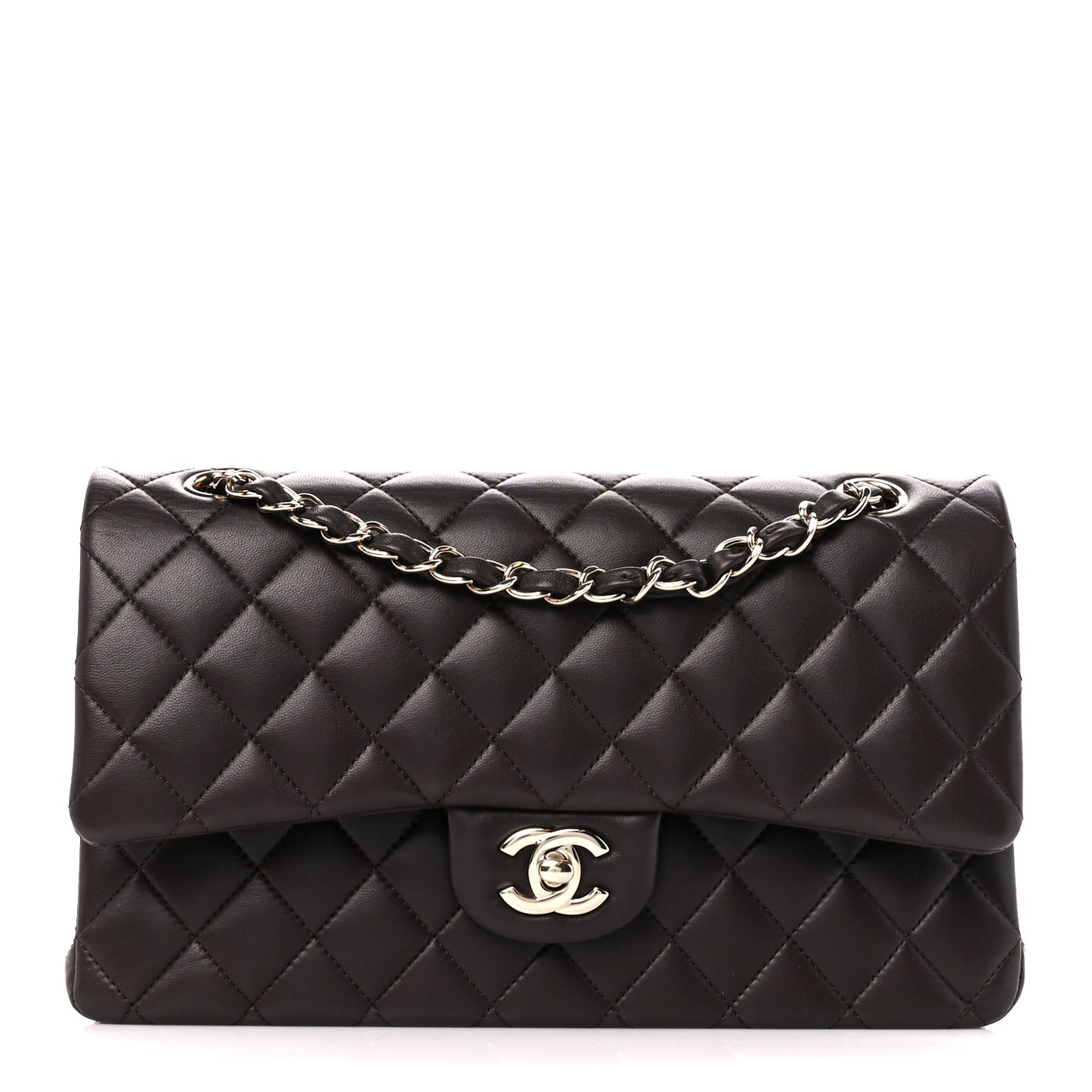 Lambskin Quilted Medium Double Flap Dark Brown