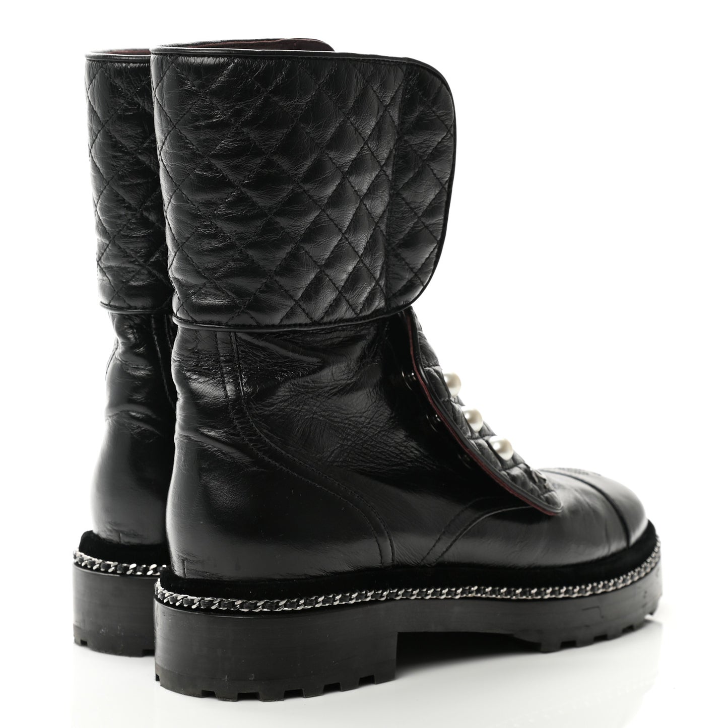 Crackled Calfskin Velvet Pearl Combat Boots 38.5 Black