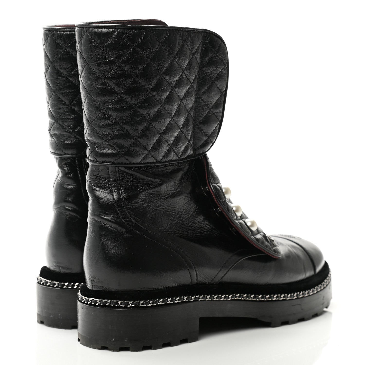 Chanel Crackled Calfskin Velvet Pearl Combat Boots 38.5 Black 4 of 10