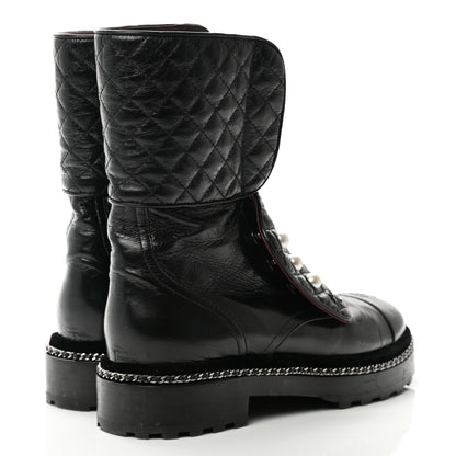 Chanel Crackled Calfskin Velvet Pearl Combat Boots 38.5 Black 4 of 10
