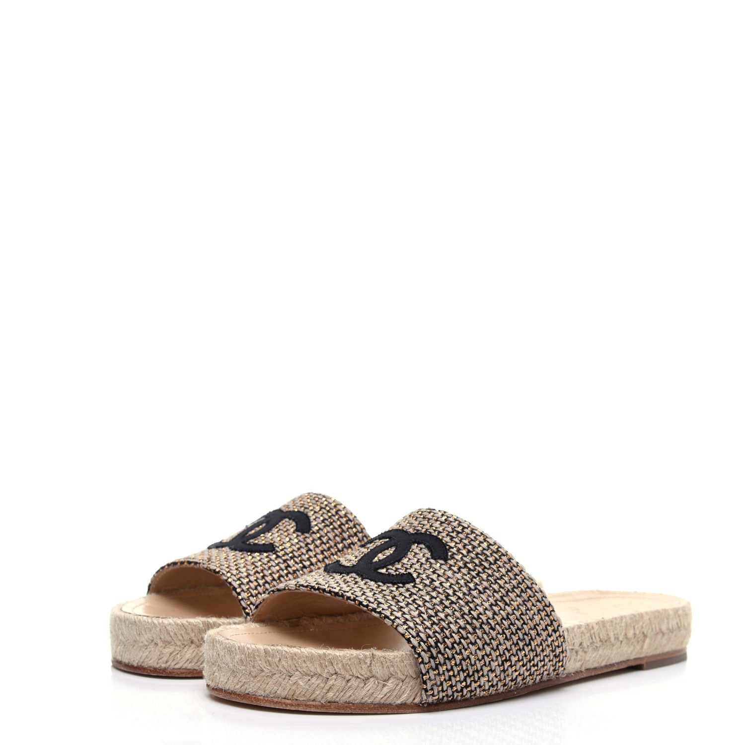 Chanel Metallic Tweed CC Espadrille Slip On Sandals 37 Beige Black 4 of 11