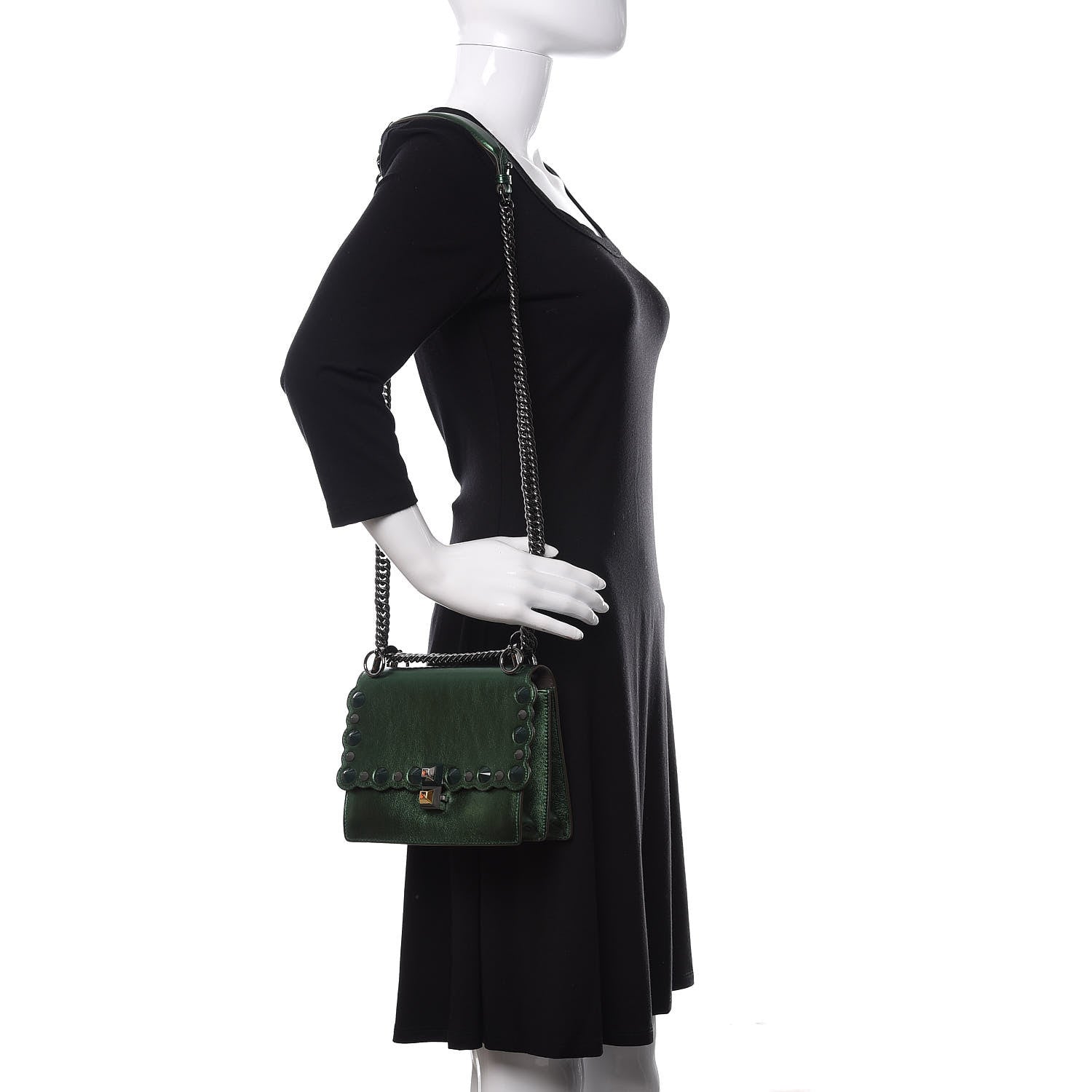 Fendi Vitello Catalan Mirror Scalloped Multi Studded Small Kan I Shoulder Bag Green 2 of 10