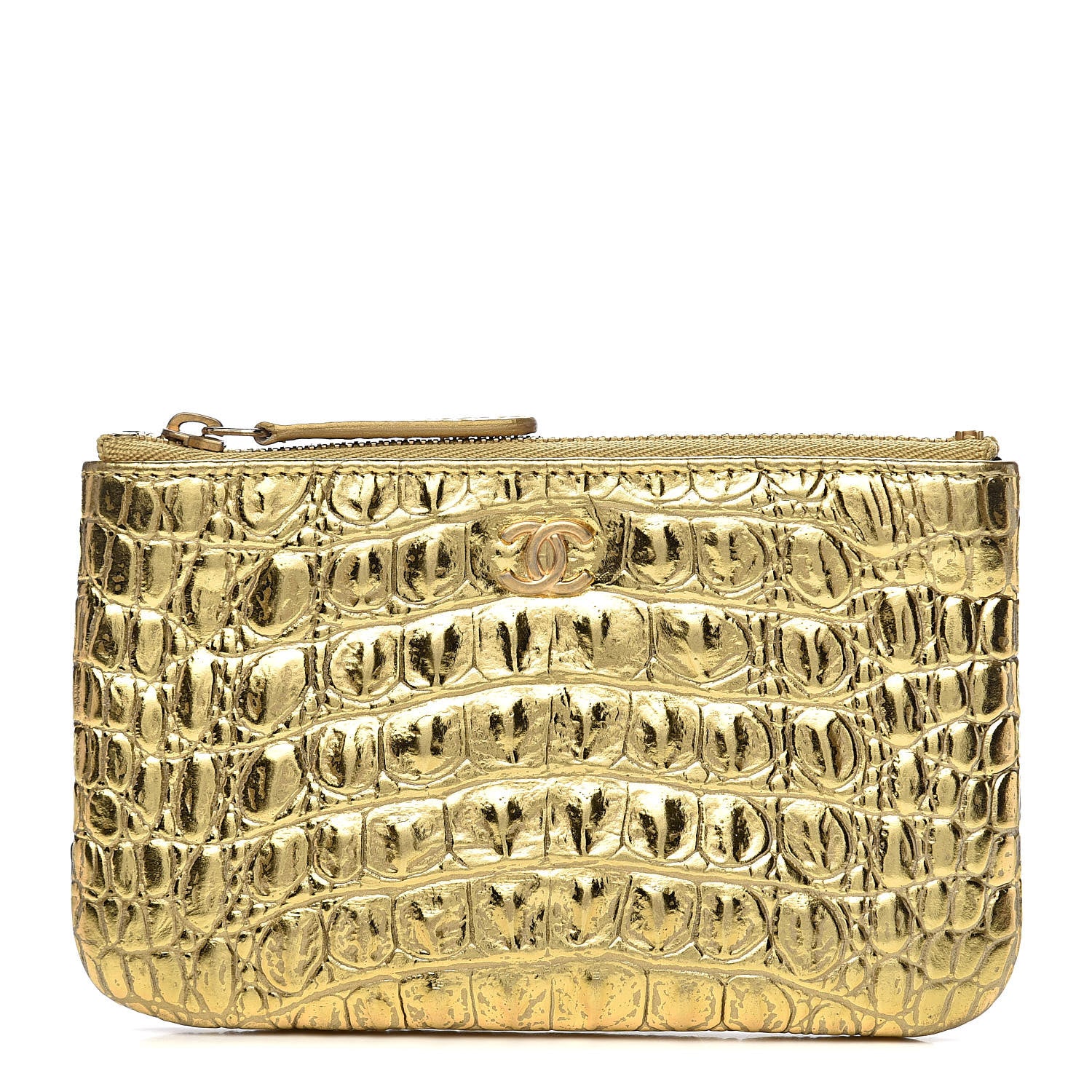 Chanel Metallic Calfskin Crocodile Embossed Cocodile Cosmetic Case Gold 1 of 8