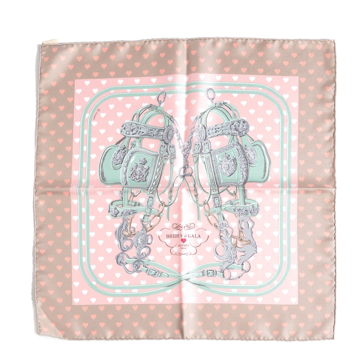 Hermes Silk Brides De Gala Love Pocket Square Beige Rose Dragee Vert Amande 1 of 5