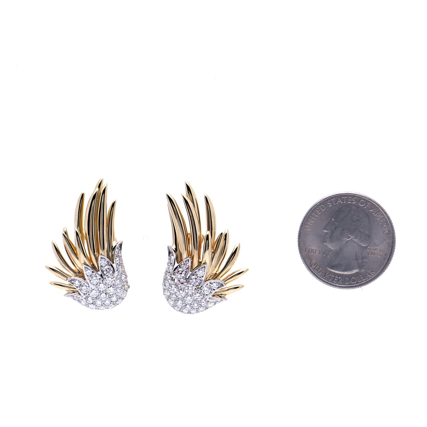 18K Yellow Gold Platinum Diamond Schlumberger Flame Earrings